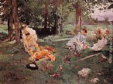 Elegant Canvas Paintings - Elegant figures in a Summer Garden